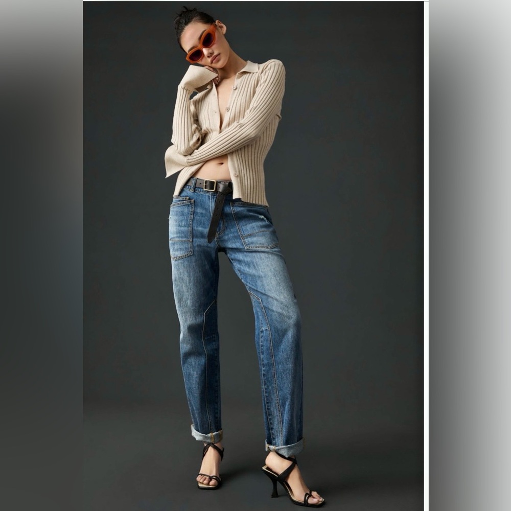 Pilcro High-Rise Relaxed Straight Jeans in Mid Blue
